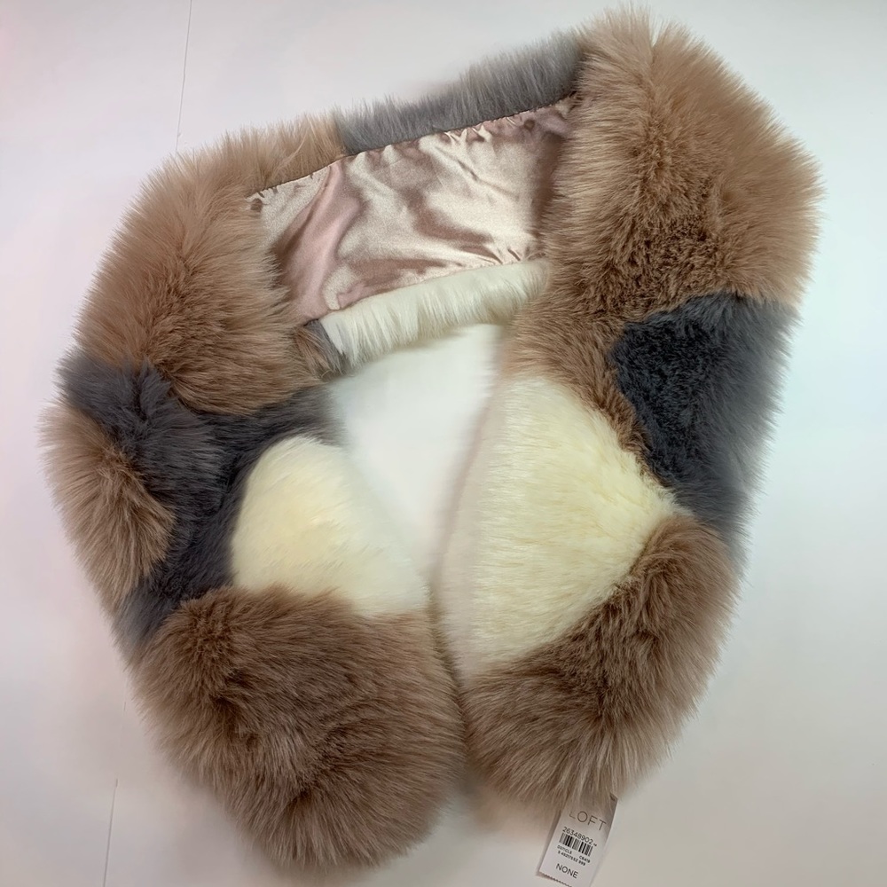 tan grey and pink faux fur scarf